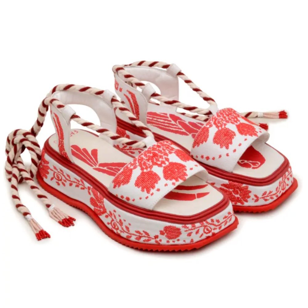 FARM Rio Embroidered Ankle Tie Platform Sandal Red and White